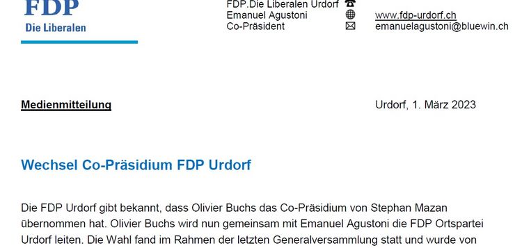 Communique Wechsel Co-Präsidium FDP Urdorf